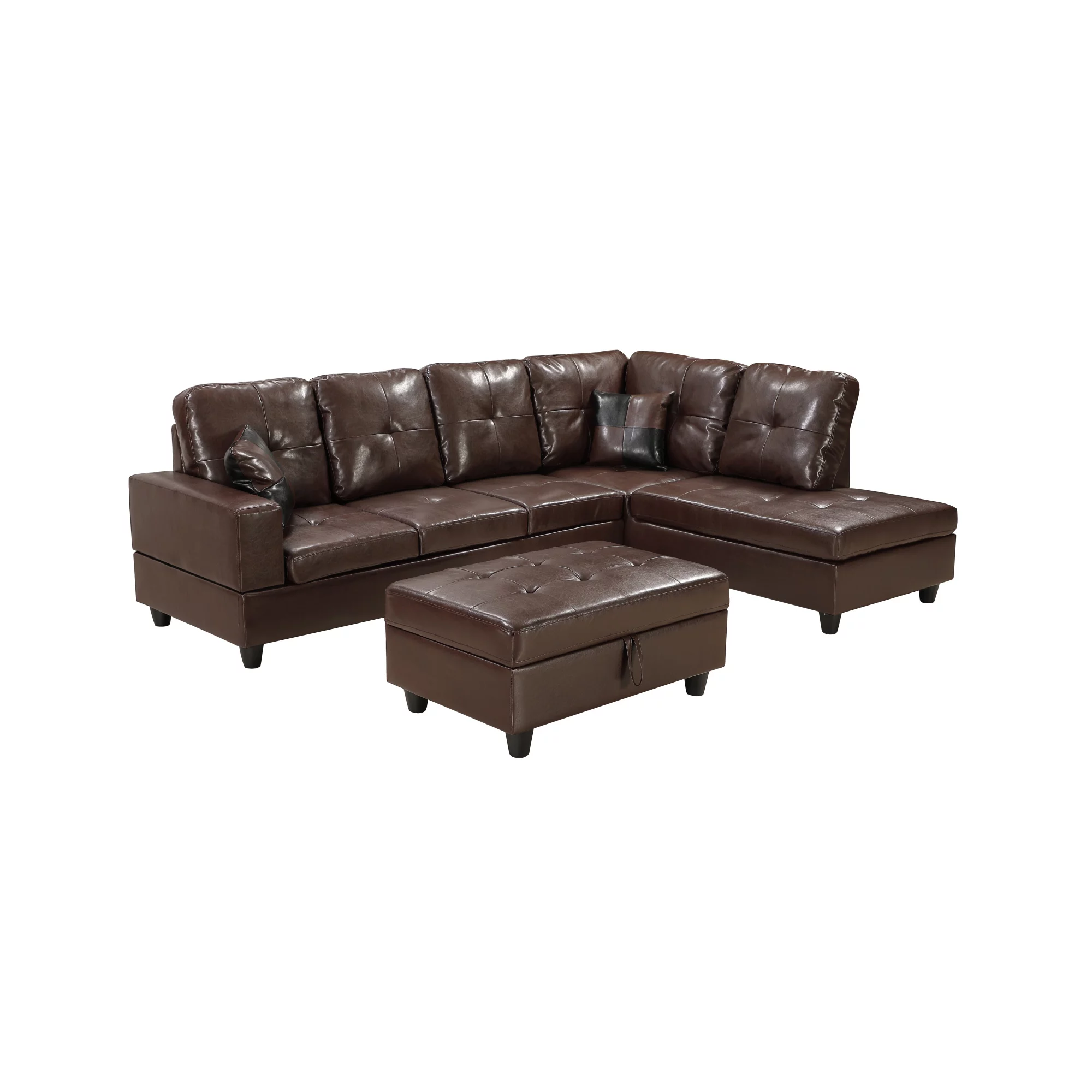3 Pc Sectional Sofa Set, (Brown) Faux Leather Right -Facing Chaise With Free Storage Ottoman