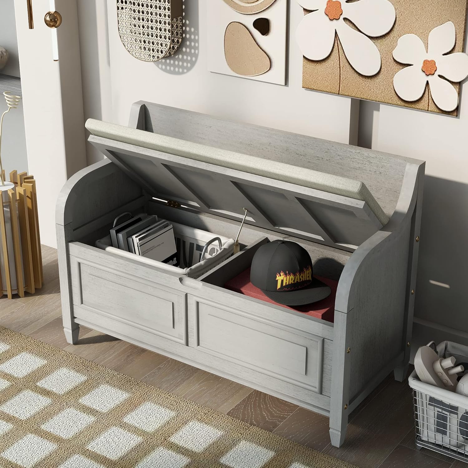 HOUAGI Rustic Storage Bench with Backrest and Hidden Storage,Entryway Multifunctional Bench with Safety Hinge for Foyer,Mudroom,Under Window