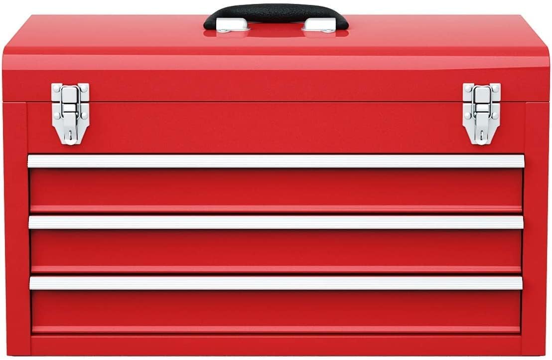 Happytools Portable Tool Box, Lockable Steel Tool Chest Cabinet w/ 3 Drawers & Top Tray, 3-Drawer Toolbox for Household, Warehouse, Repair shop