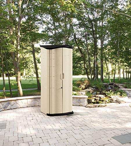 Rubbermaid Compact Vertical Resin Storage Shed With Floor (2 x 2.5 Ft), Weather Resistant, Beige/Brown