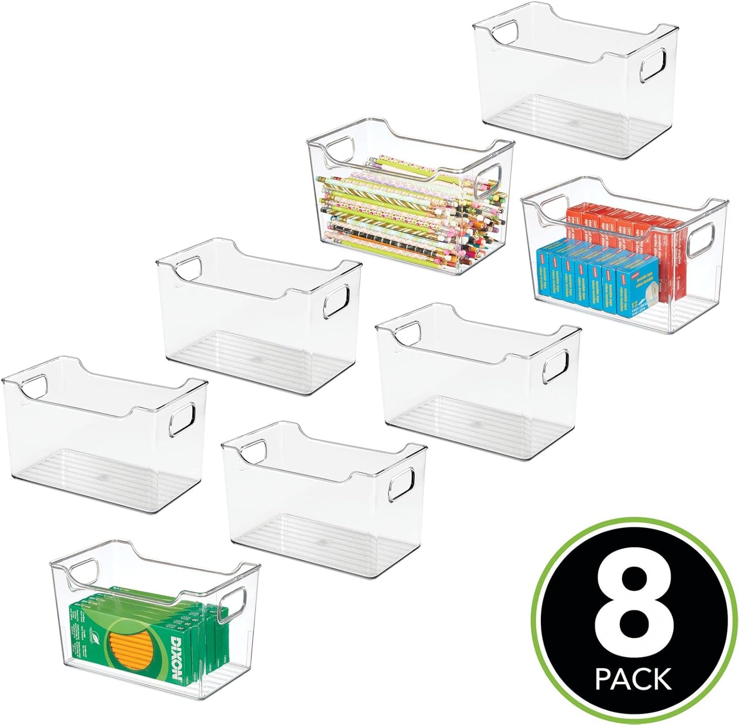 mDesign Plastic Rectangular Stackable Long Storage Container, Side Dip Organizer Bin w/Handles for Office, Filing Cabinet, Shelf, Desk