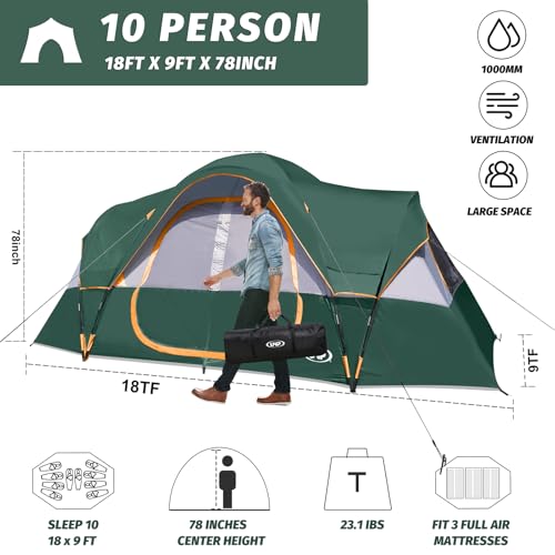 UNP Camping Tent 10-Person-Family Tents, Parties, Music Festival Tent, Big, Easy Up, 5 Large Mesh Windows, Double Layer, 2 Room, Waterproof