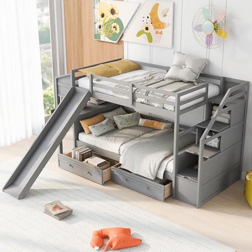 Harper & Bright Designs Bunk Beds Twin Over Full Size, Bunk Bed with Trundle,Storage Shelf and Stairway