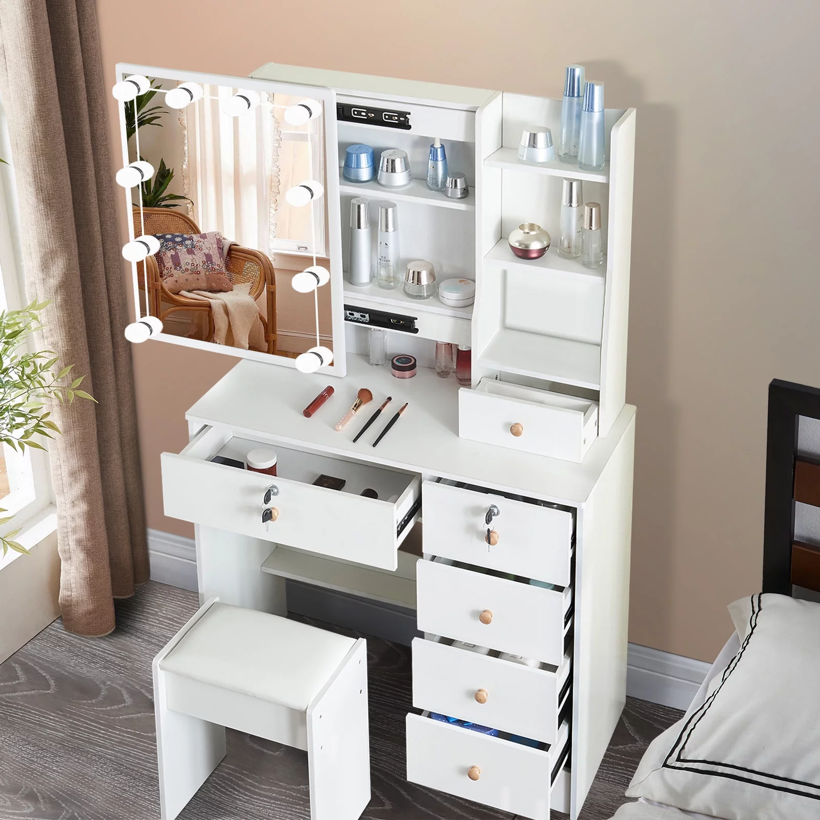 Yamissi Modern Makeup Vanity for Bedroom, Vanity Desk with LED Lighted Sliding Mirror and Stool, Makeup Table with Storage Shelves and Drawers