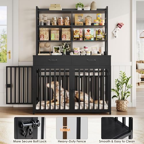 Keyluv 71''H x 47.2''W Large Dog Crate Furniture with 4-Tier Shelves and 2 Storage Drawers, Heavy Duty Dog Cage Furniture with 2 Doors