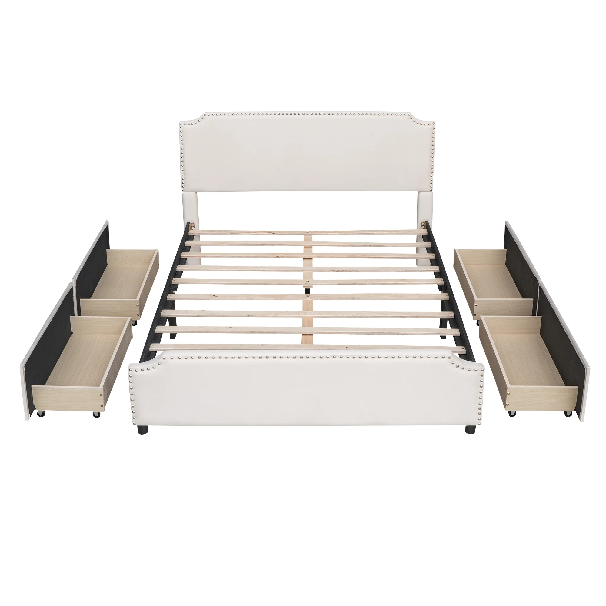 Upholstered Queen Size Bed with 4 Storage Drawers,Upholstered Platform Bed Frame with Stud Trim Headboard and Footboard
