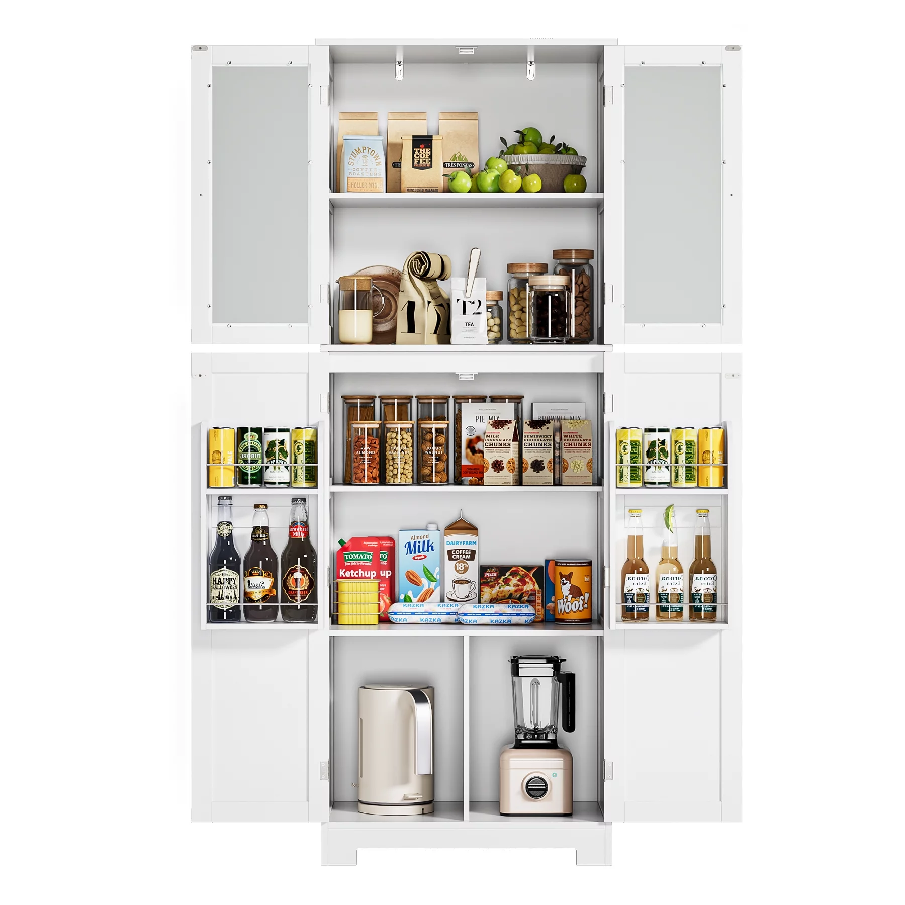 Homfa Farmhouse Kitchen Pantry Cabinet,  67'' Food Storage Cabinet with Frosted Glass Doors for Dining Room, White