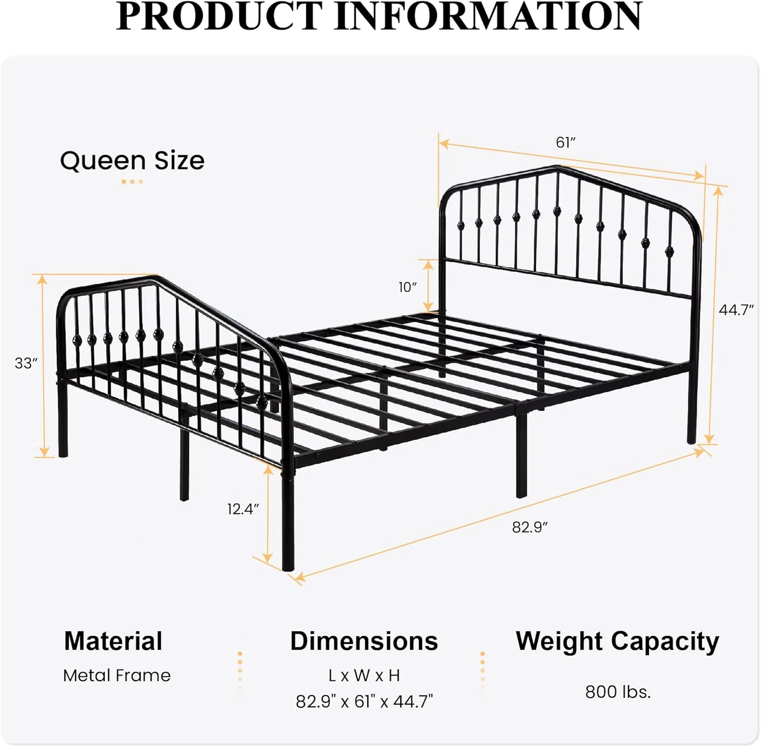 YINCHEN Queen Size Metal Platform Bed Frame with Victorian Style Wrought Iron-Art Headboard/Footboard, No Box Spring Required, Black
