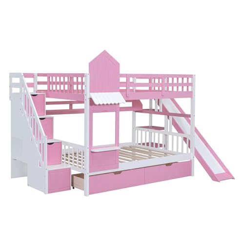 Kids Bunk Bed with Stairs and Slide, Wood Twin Over Twin Bunk Bed with Storage Drawers and Shelves, Castle Style Bunk Beds for Kids Teens Girls Boys