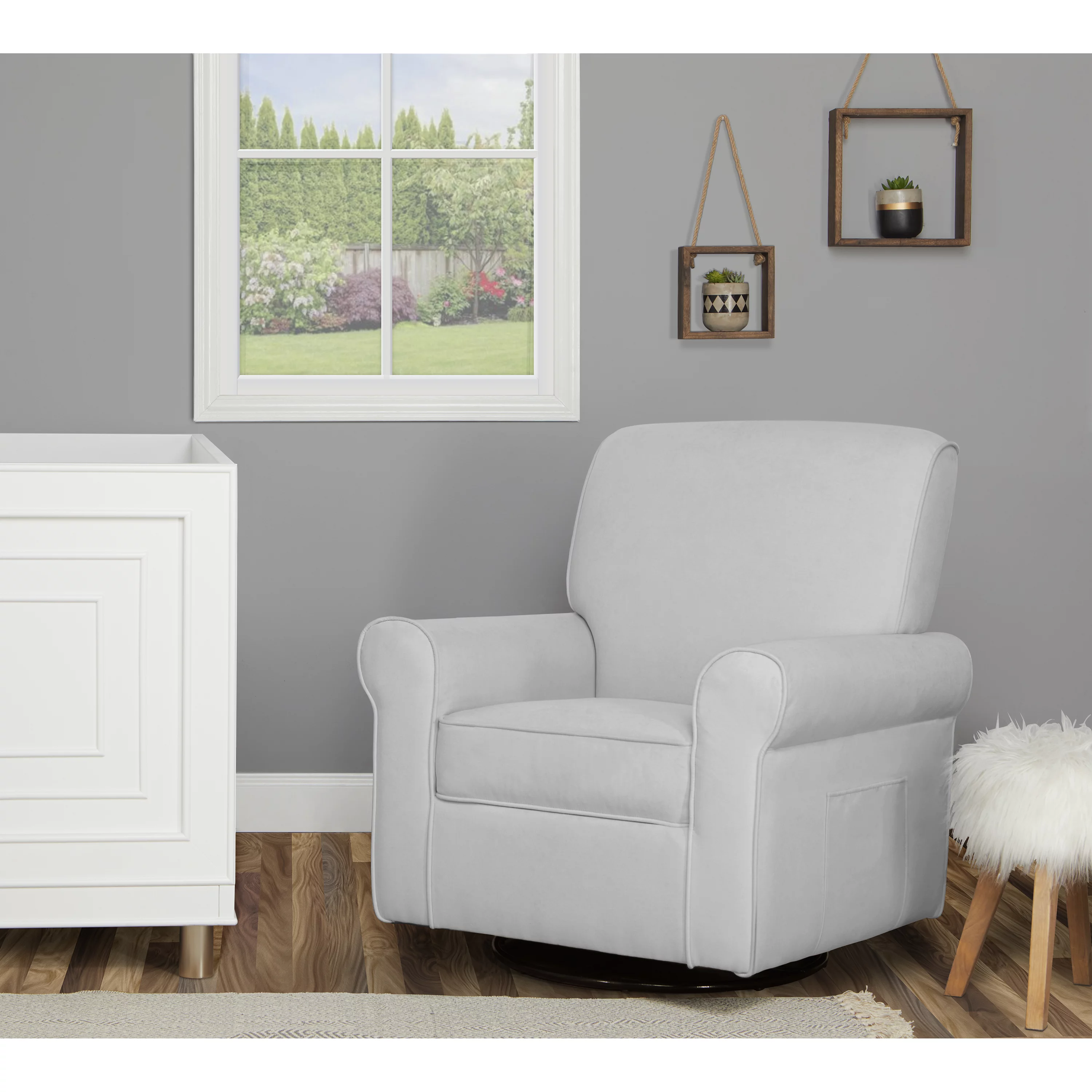 Evolur London Upholstered 360 Swivel l Glider I Rocker I Nursery Glider I Durable Soft Fabric in Gray Finish