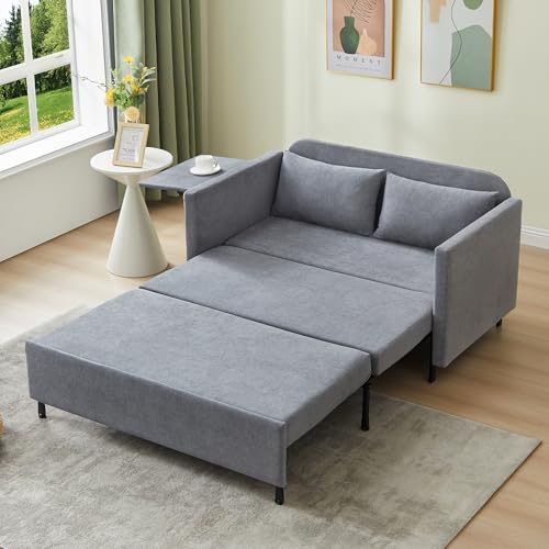 3-in-1 Sleeper Sofa Bed, 51'' Convertible Folding Couch with Pullout Bed, Chenille Futon Sleeper Sofa with Side Table and 2 Pillows