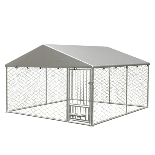 10X10FT Outdoor Large Dog Kennel, Heavy Duty Dog Cage for Large Dogs, Durable Dog House Enclosure with Roof and Rotating Feeder Bowls