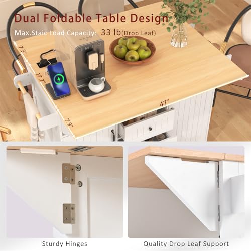 Linique 55.7" W Kitchen Island with 2 Drop Leaf, Moblie Kitchen Cart on Wheels with Storage Cabinet, 3 Drawers