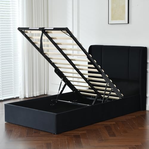 VELOCAVA Queen Size Lift Up Storage Bed with Modern Wingback Headboard, Upholstered Platform Bed with Fabric with Hydraulic Support Bars