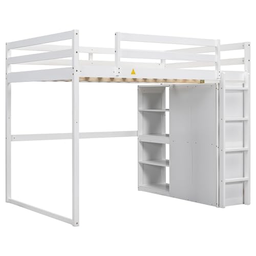 Harper & Bright Designs Full Size Loft Bed with Desk, Storage Shelves and Drawers, Solid Wood Loft Bed Frame with Built-in Wardrobe, Walnut
