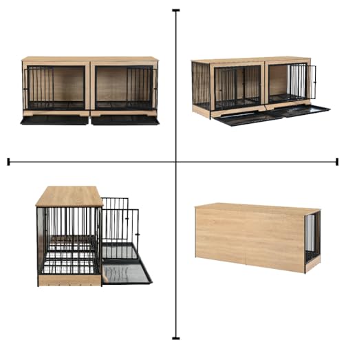 63'' Double Dog Crate Furniture for 2 Dogs, XXL Wooden 2 Dog Kennel, Wooden Dog Kennel with 2 Drawers,Divider and Sliding Door