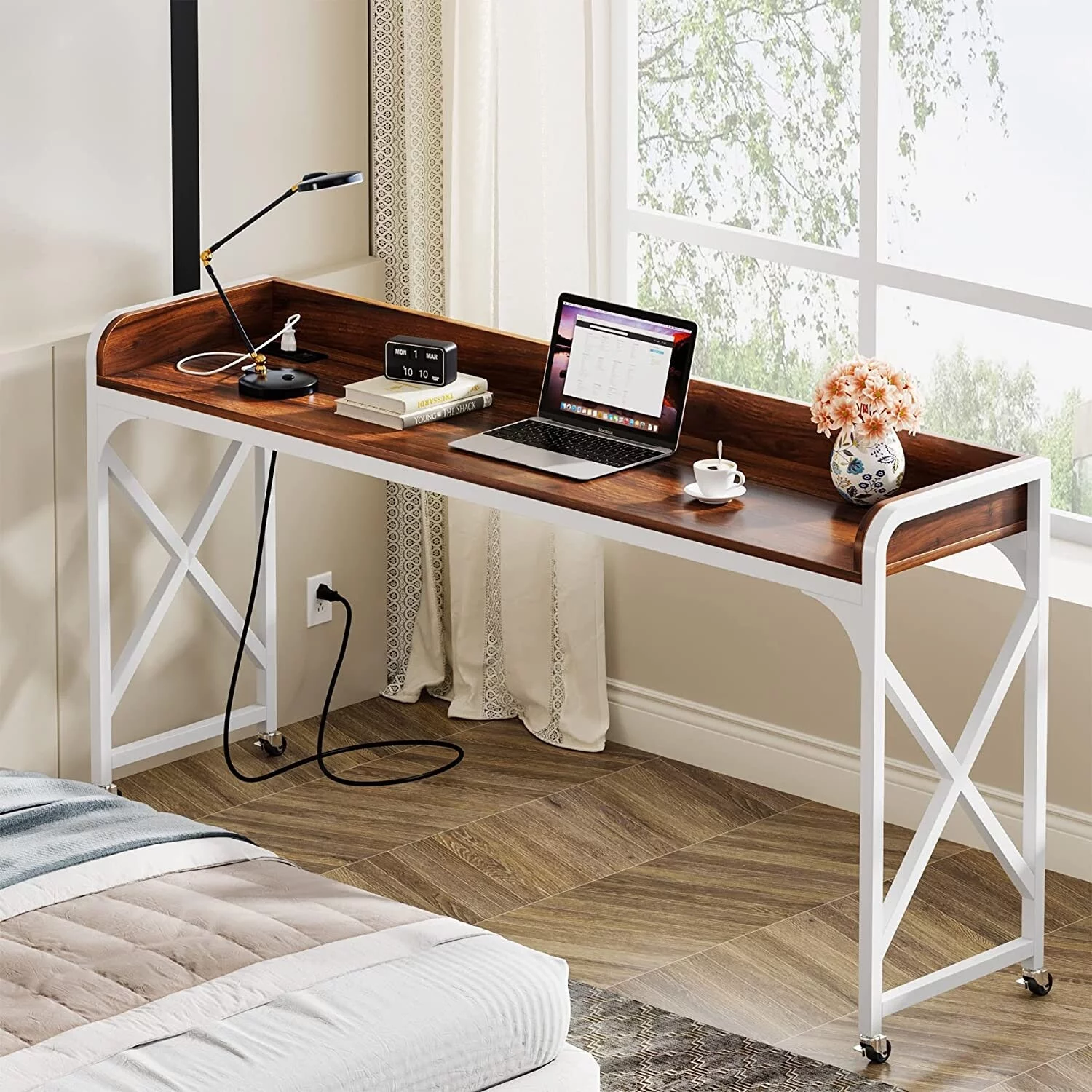 Over Bed Table with Wheels, 70.8 Inch Overbed Desk with Outlet & USB