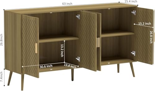 Wood Sideboard Buffet Cabinet with Storage, 4 Doors, Adjustable Shelves, TV Stand or Coffee Bar for Kitchen, Dining Room, Living Room, Entryway