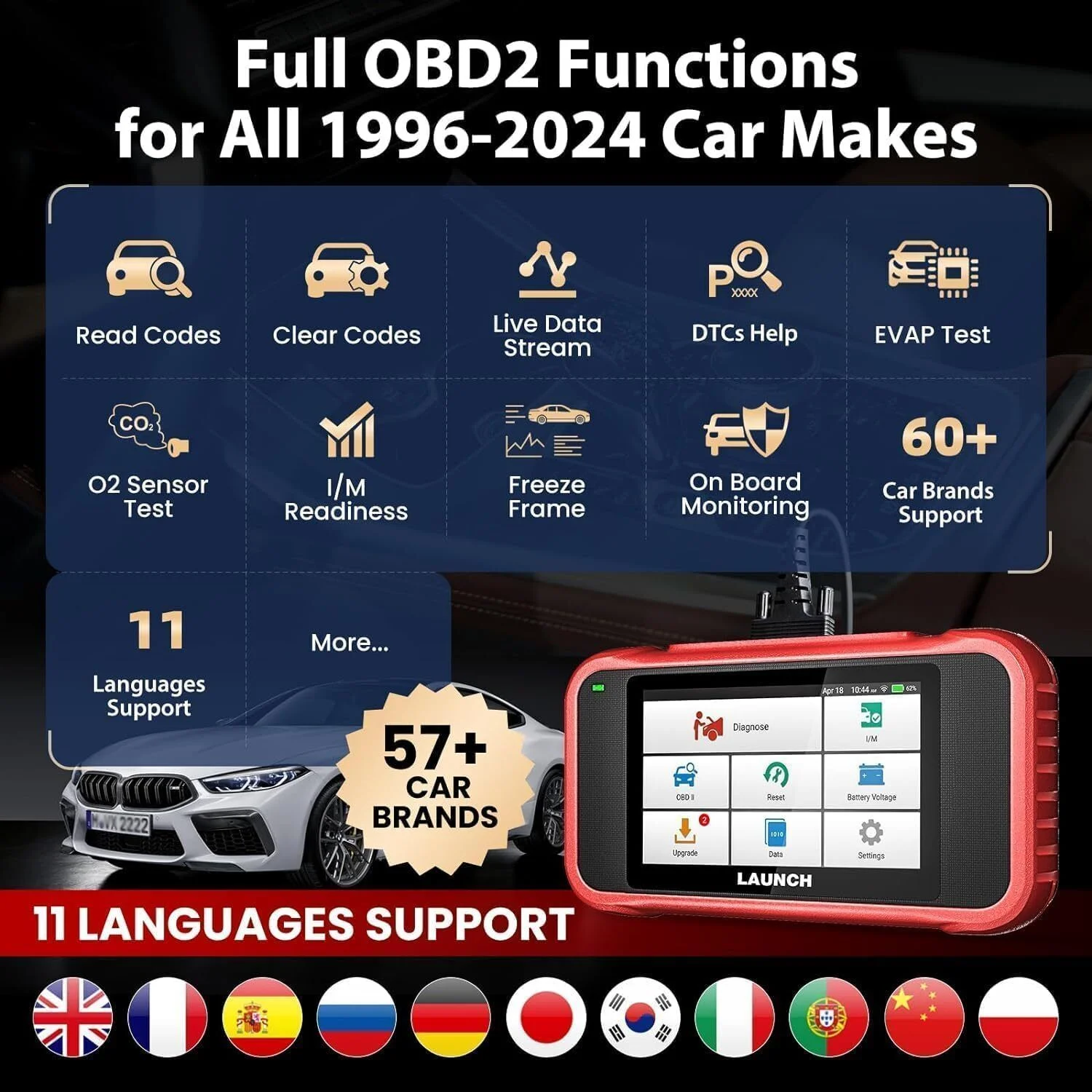 Launch CRP123X Elite OBD2 Scanner Car Diagnostic Code Reader ABS SRS Transmission SAS Calibration/Throttle Reset/Oil Reset, Battery Test,