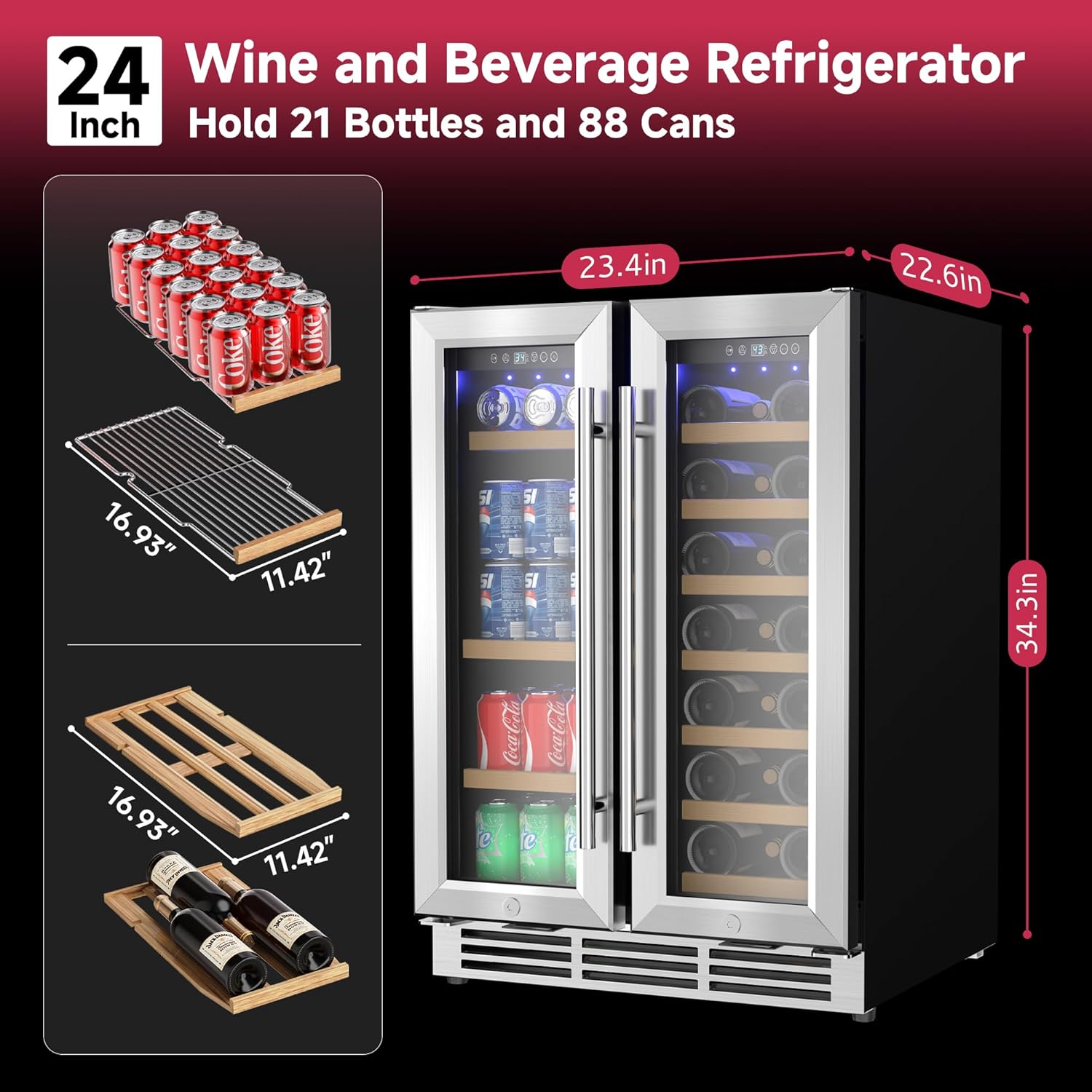 24" Wine and Beverage Refrigerator, Dual Zone Wine Cooler with Glass Door, Hold 88 Cans and 21 Bottles