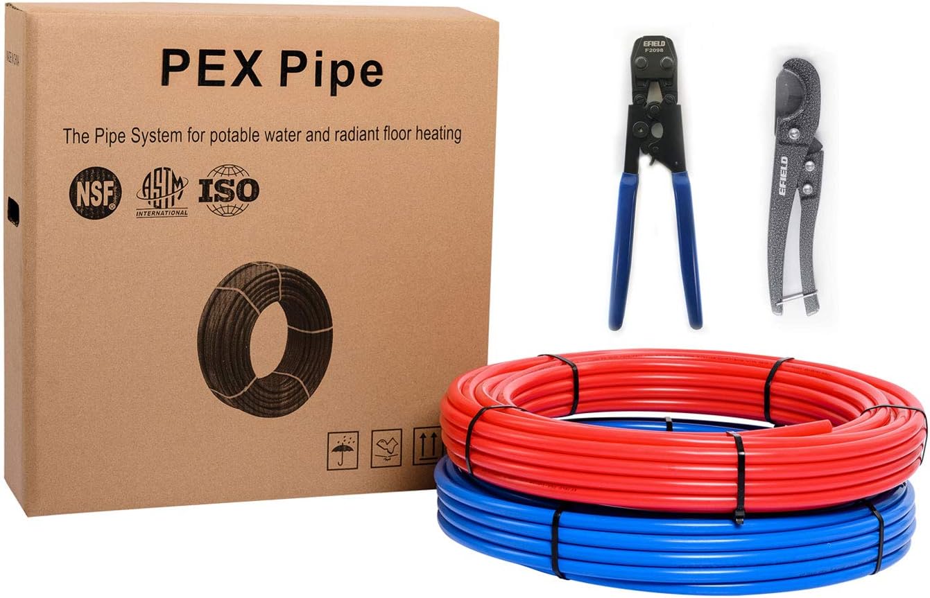 EFIELD Pex-b Pipe Tubing/Tool Combo Blue & Red 1/2 inch 2x 100 ft Rolls 200 Ft Length for with Pex Cinch Clamp Crimping Tool and Pipe Cutter In
