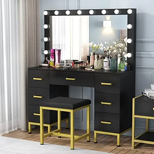 RUNFAYBIU Vanity Set with Lighted Mirror  44''  Vanity Dressing Table with 14PCS LED Bulbs  Vanity Desk with Cushioned Stool &amp
