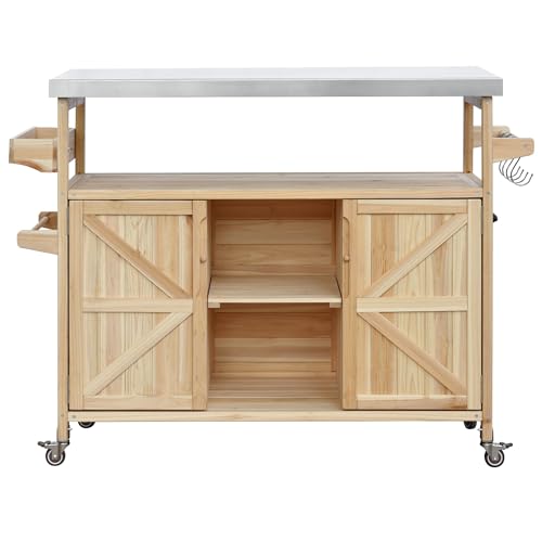 53.5''Farmhouse Kitchen Island with Power Outlet,Storage Cart W/Drop Leaf/Spice Rack/Drawer,Rolling KitchenCart on Wheels,for Home,Dining Room,White