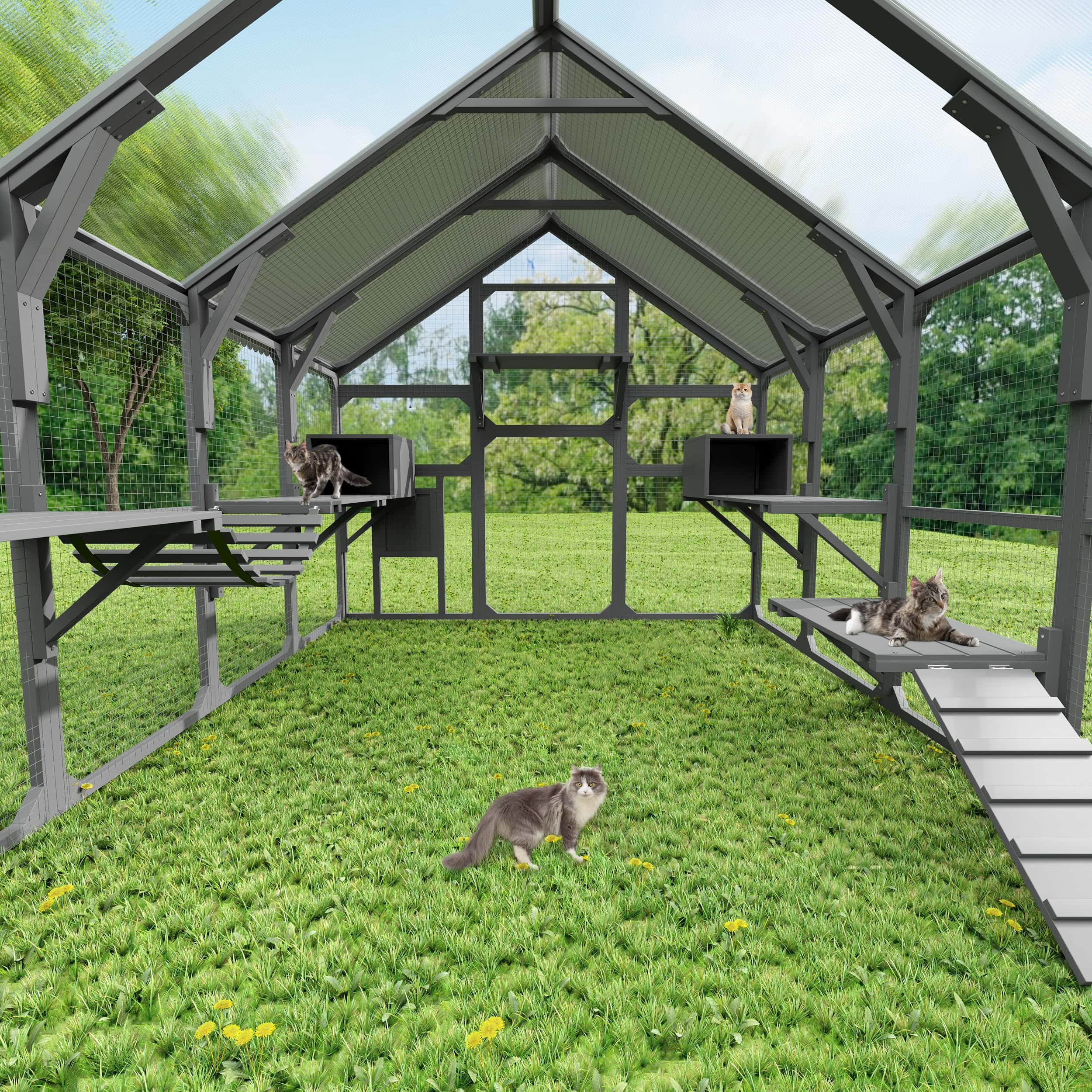 Montary Catio Outdoor Cat Enclosure with Window Access, 4-Tier Cat House with Wheels, Waterproof Roof &amp; Resting Box, Large Gray Cage