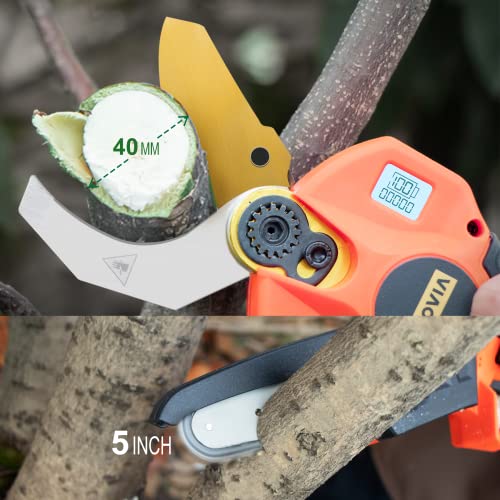 T TOVIA Cordless Electric Pruner Kit, 1.6 Inch Pruning Shears and 5 Inch Handheld Electric Chain Saw with 75 Inch Foldable Extension Pole