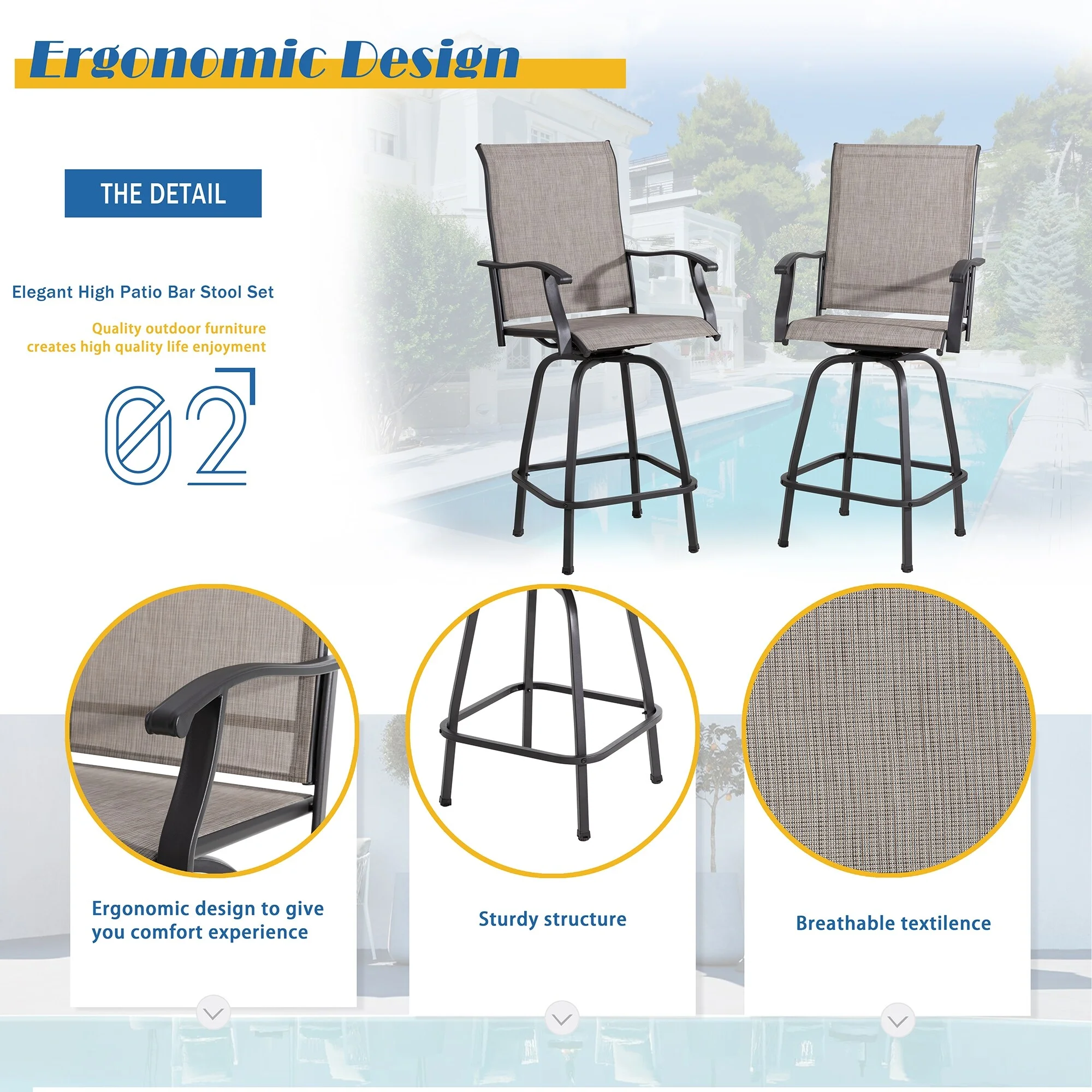 Futzca  Patio Swivel Bar Bistro Set or Swivel Bar Stools Taupe Set of 3 N/A N/A Swivel Fabric Set of 3 - Curated Treasures Market