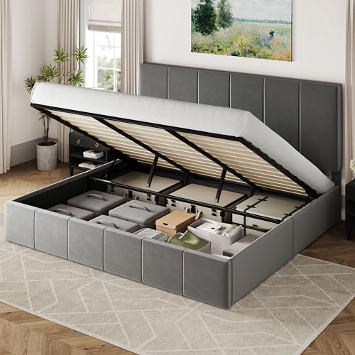 Allewie Queen Size Velvet Lift Up Storage Bed Frame, Vertical Channel Tufted Headboard, Hydrualic Underneath Storage, Upholstered Platform Bed