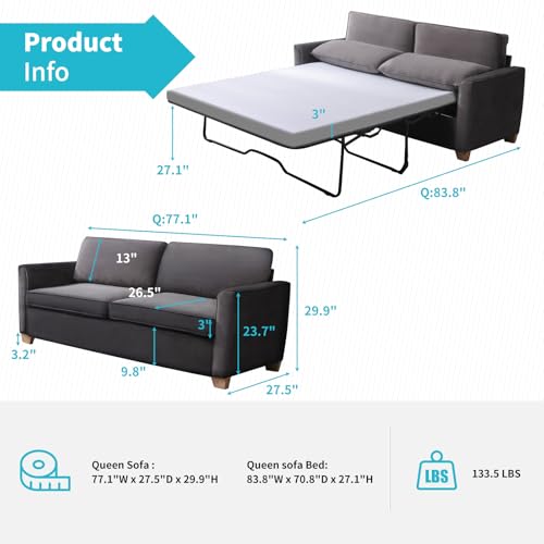 CECER Queen Size Pull Out Sofa Bed, 2-in-1 Design Pull Out Couch Bed with Foldable Mattress