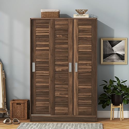 3 Door Wardrobe Armoire Closet with Sliding Doors and Storage Shelevs Freestanding Wardrobe Cabinet with Hanging Rod Clothes