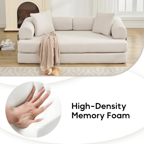 Convertible Sleeper Sofa Bed with Cylindrical Pillow, Corduroy Folding Mattress Couch with Fixed-Shape Frame