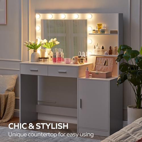 Vanity Desk with Mirror and LED Light Strip,Dressing Table with Large Drawer, 3 Level Storage Dresser & 3 Lighting Modes Adjustable Brightness