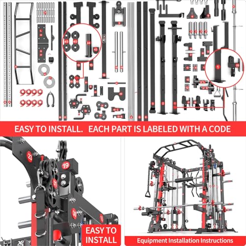 Power Cage Smith Machine Power Rack Multifunctional Deep Squat Rack Cable Crossover System Selectable More Training Attachment for Garage & Home Gym