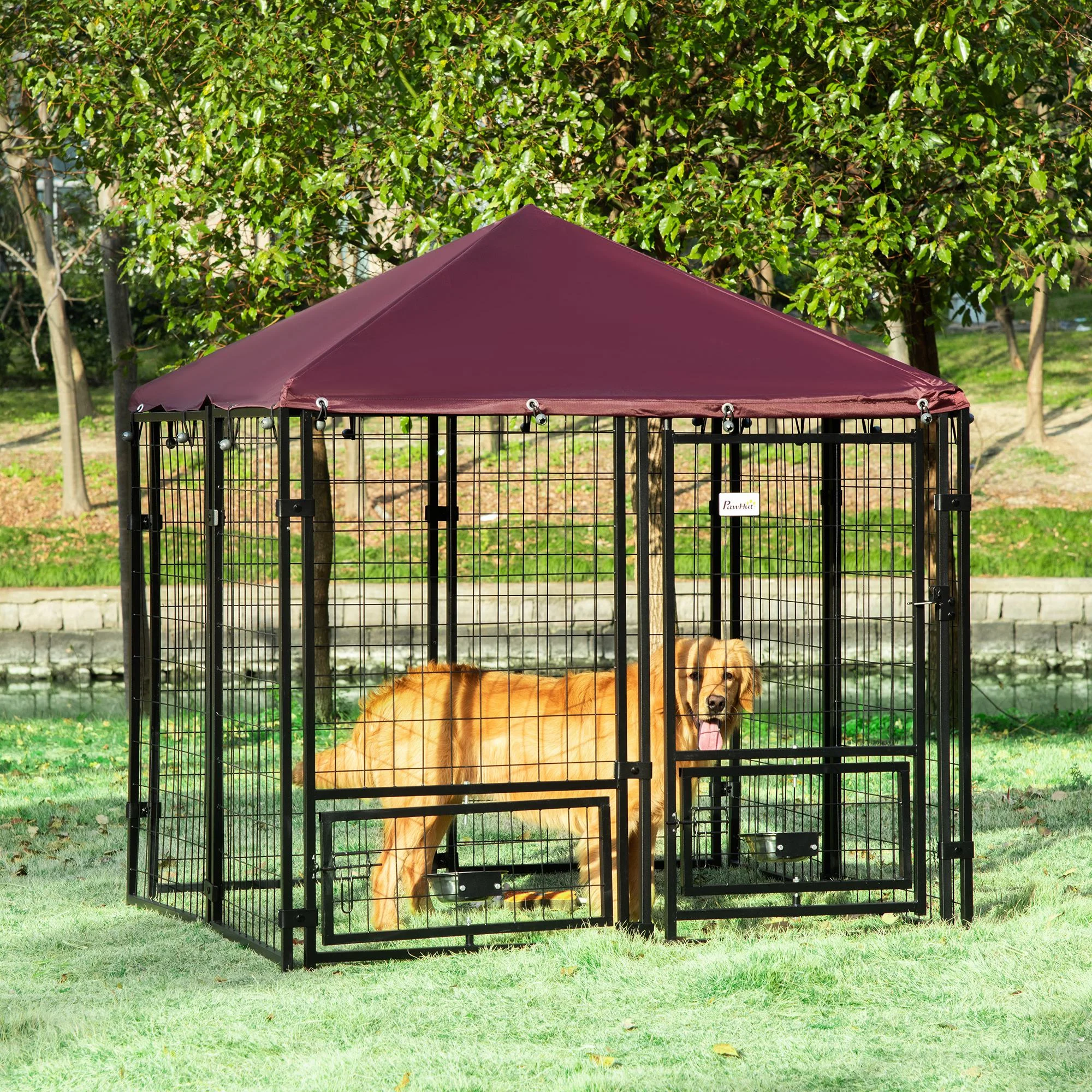 PawHut 5' x 5' x 5' Dog Kennel Outdoor with Rotating Bowl Holders, Walk-in Pet Playpen