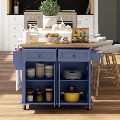HOMCOM Kitchen Island on Wheels, Rolling Cart with Rubberwood Top, Spice Rack, Towel Rack and Drawers for Dining Room, Navy Blue