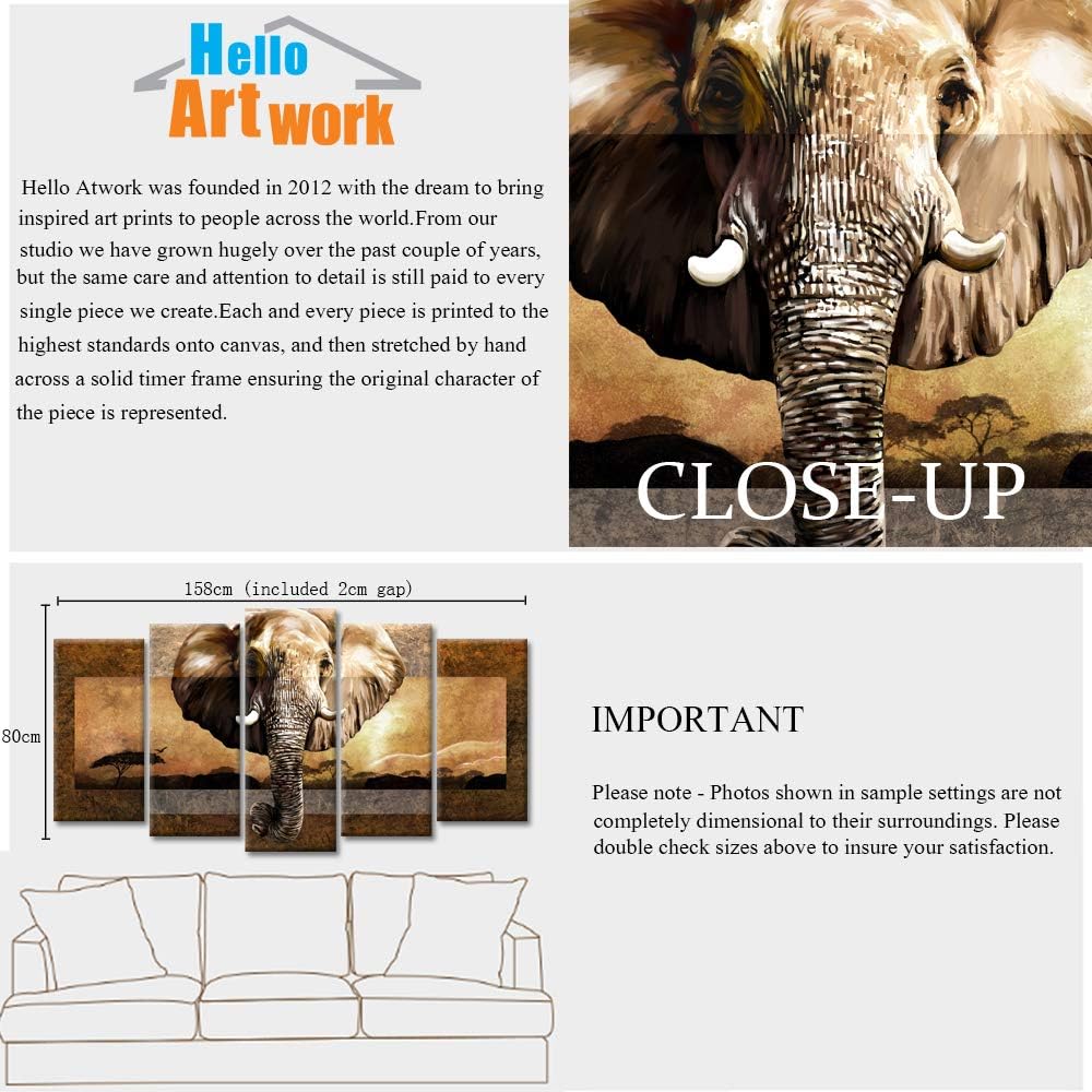iHAPPYWALL Large 5 Pieces African Animal Canvas Wall Art Wild Elephant African Landscape Artwork Painting on Canvas For Modern Home Bedroom Decor