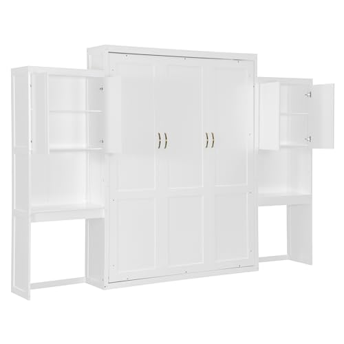 SOFTSEA Queen Size Murphy Bed with Desk and Storage, Wood Queen Wall Bed Frame with Vanity & Shelves, Space-Saving for Guest Room, Bedroom or Office