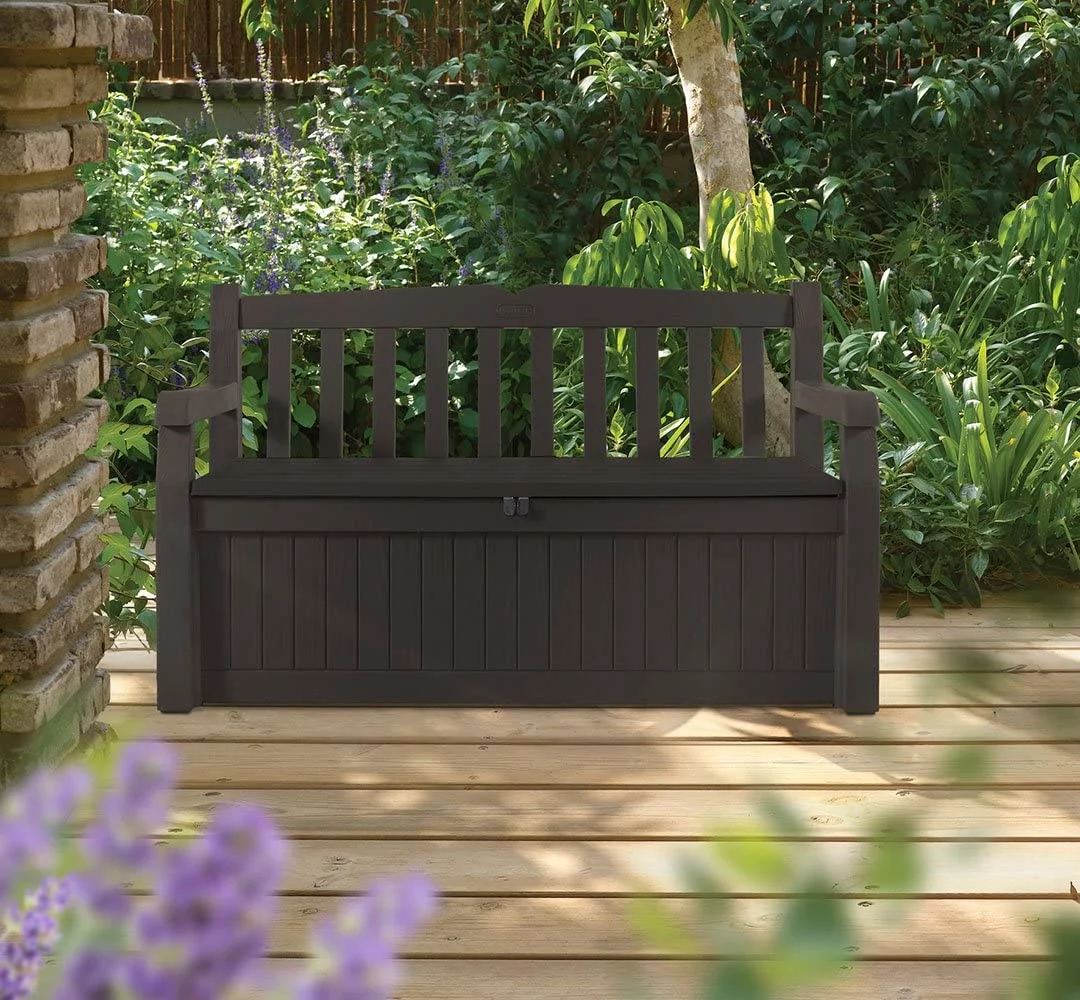 Keter Eden 70 Gallon Storage Bench Deck Box for Patio Furniture, Front Porch Decor and Outdoor Seating – Perfect to Store Garden Tools and Pool Toys