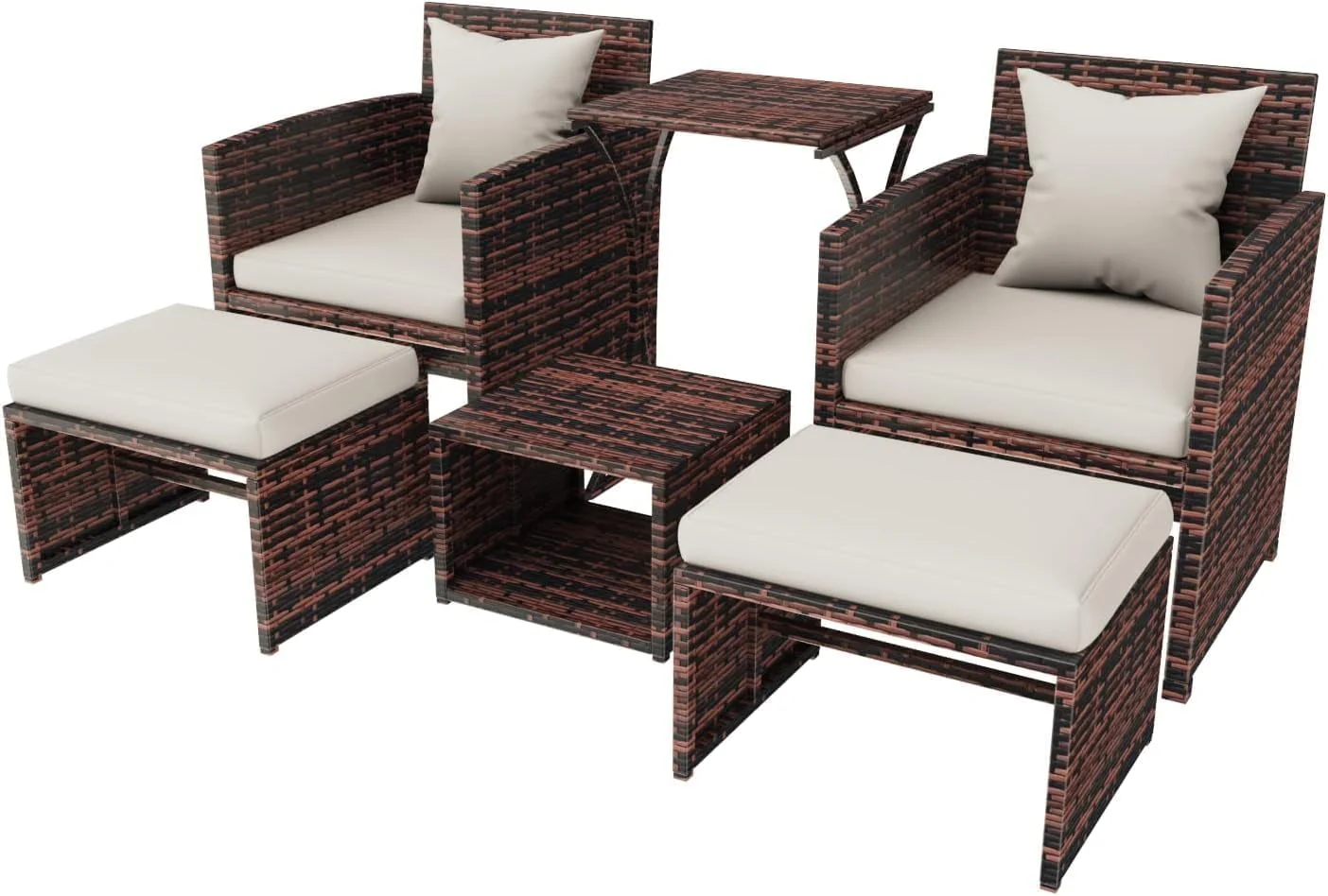 LHBcraft Balcony Furniture 5 Piece Patio Conversation Set, PE Wicker Rattan Outdoor Lounge Chairs with Soft Cushions 2 Ottoman&Glass Table for Porch