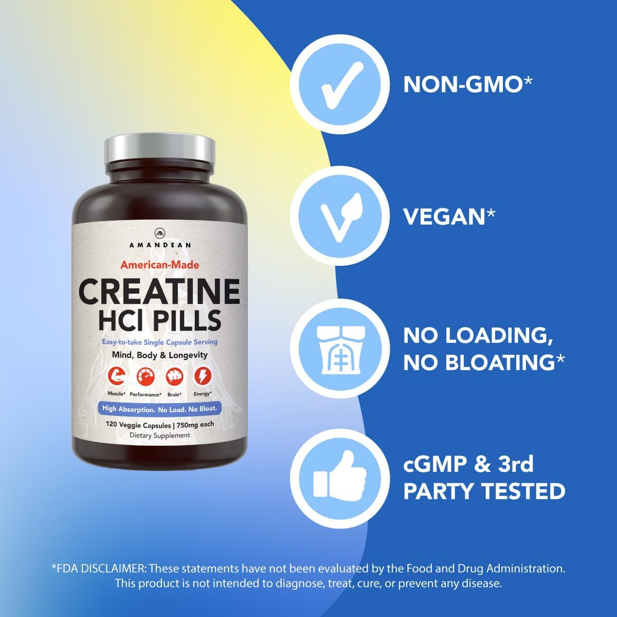 AMANDEAN Creatine HCl Pills. American Made CON-CRET. 120 Veggie Capsules. 7X Concentrated vs Monohydrate Powder. Supports Muscle Growth, Energy