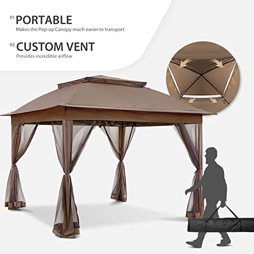 COOS BAY 11x11 Pop Up Instant Gazebo Tent with Mosquito Netting Outdoor Canopy Shelter with 121 Square Feet of Shade (Beige)