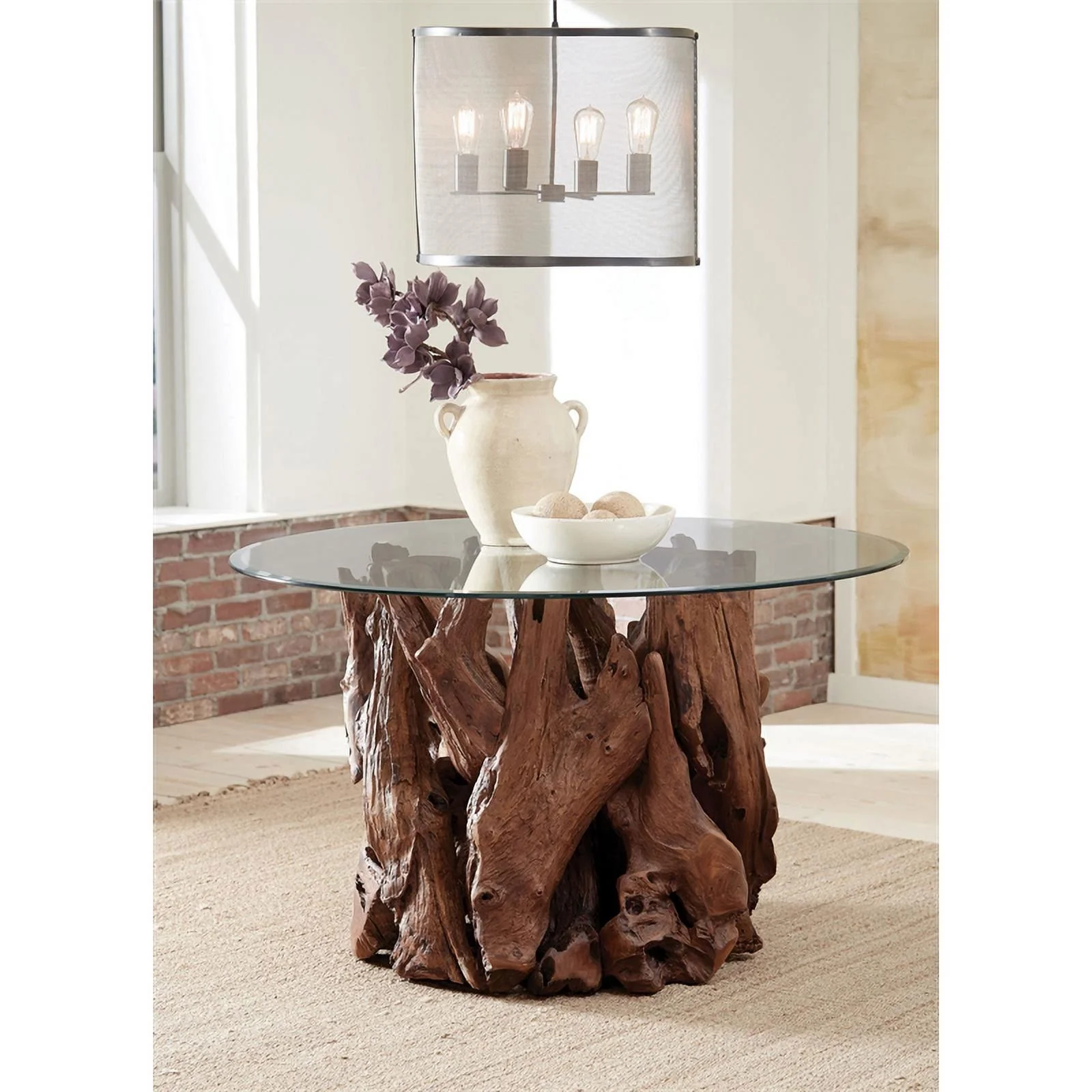 Pemberly Row Round Wood & Glass Dining Table in Light Brown and Clear