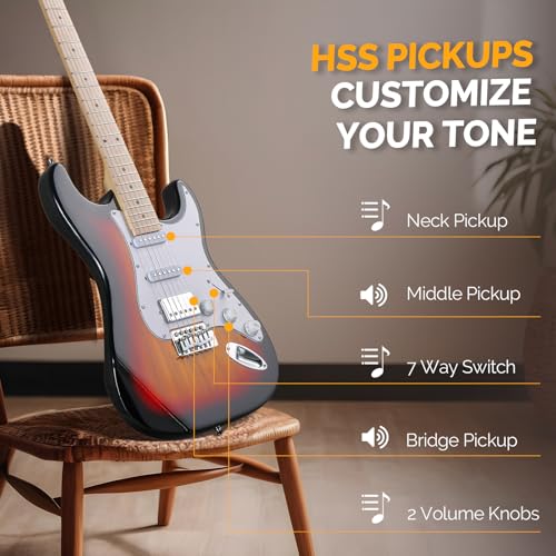 GLARRY Electric Guitar, 39" Full Size Electric Guitar Kit with HSS Pickup Coil Split for Beginner, 20W Amp and Accessories Pack Guitar Bag (Sunset)