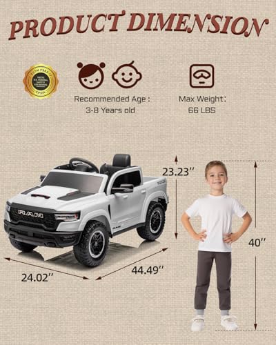 12V Licensed Ram 1500 Ride on Toy for Kids, Toddler Ride on Pickup Truck with Parent Remote Control, Electric Car for Kids with Truck Bed Storage