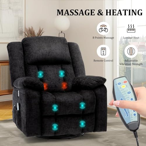 Rocker Recliner Chair, Glider Recliner Chairs for Adults, 360° Swivel Recliner with Massage and Heating