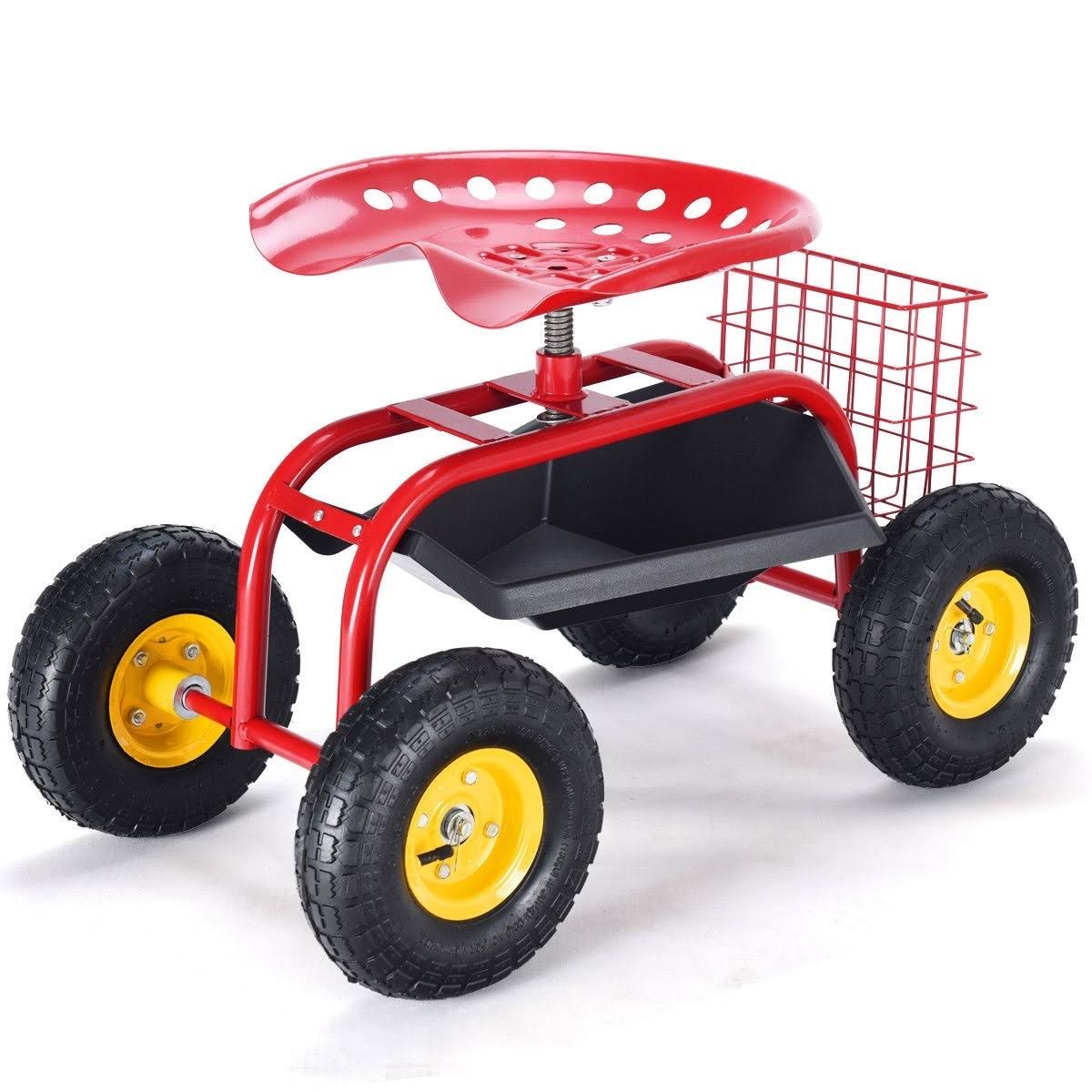 Goplus Rolling Garden Cart Work Seat with Heavy Duty Tool Tray Durable Planting Red GT2635RE