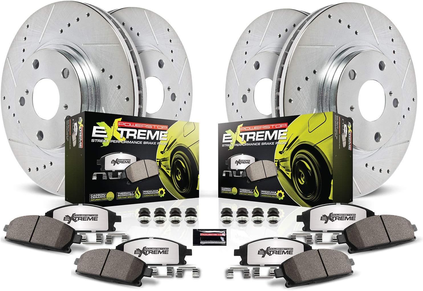Power Stop K5603-26 Front and Rear Z26 Carbon Fiber Brake Pads with Drilled & Slotted Brake Rotors Kit